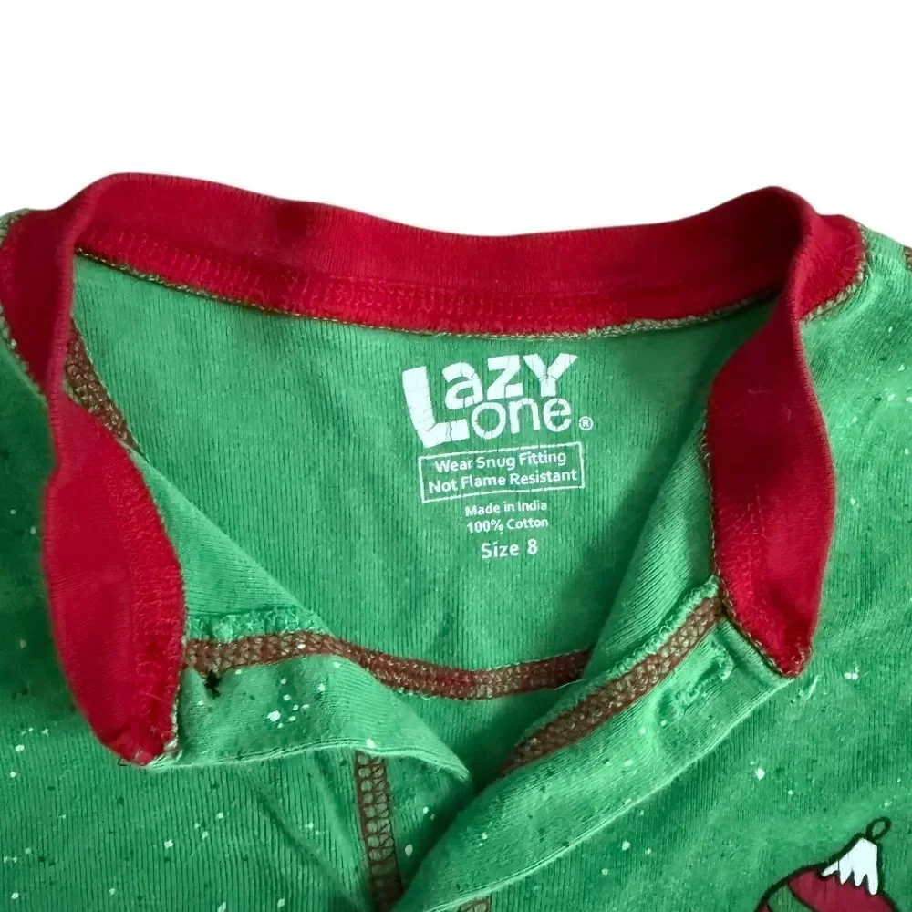 Lazy One Pajama One Piece Size 8 Kids Green Red Trap Door Union Suit